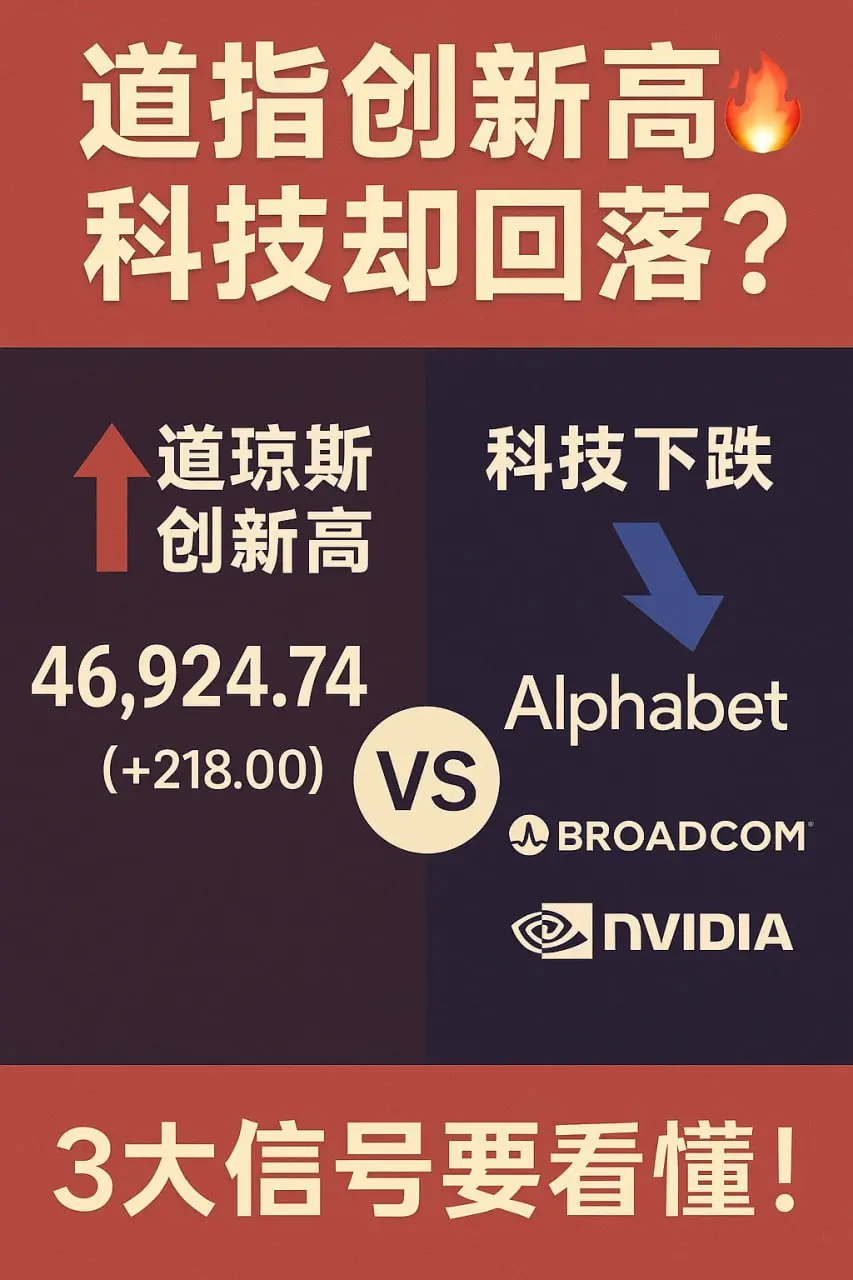 道指创新高 科技却回落? 道琼斯 科技下跌 创新高 46,924.74 Alphabet (+218.00) VS 人E BROADCOM nVIDIA 3大信