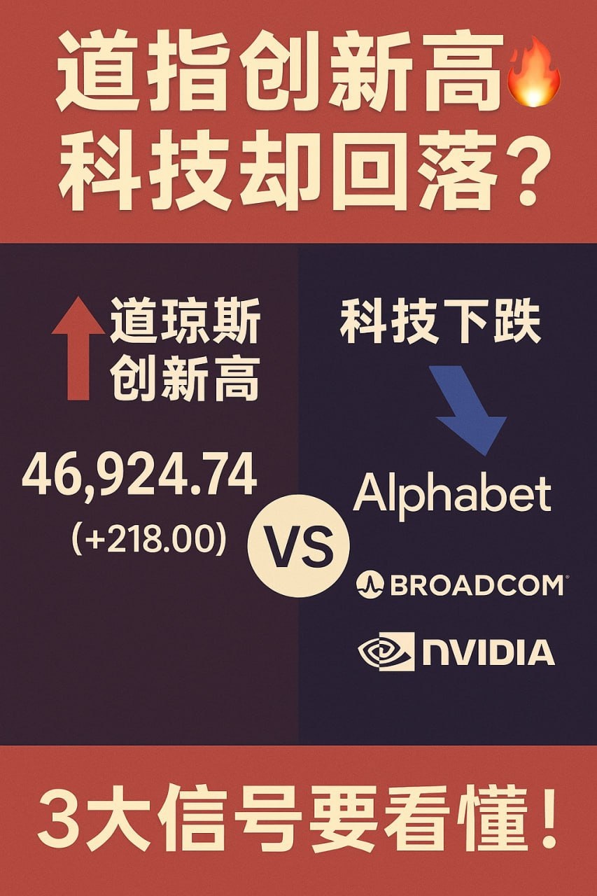 道指创新高 科技却回落? 道琼斯 科技下跌 创新高 46,924.74 Alphabet (+218.00) VS 人E BROADCOM nVIDIA 3大信