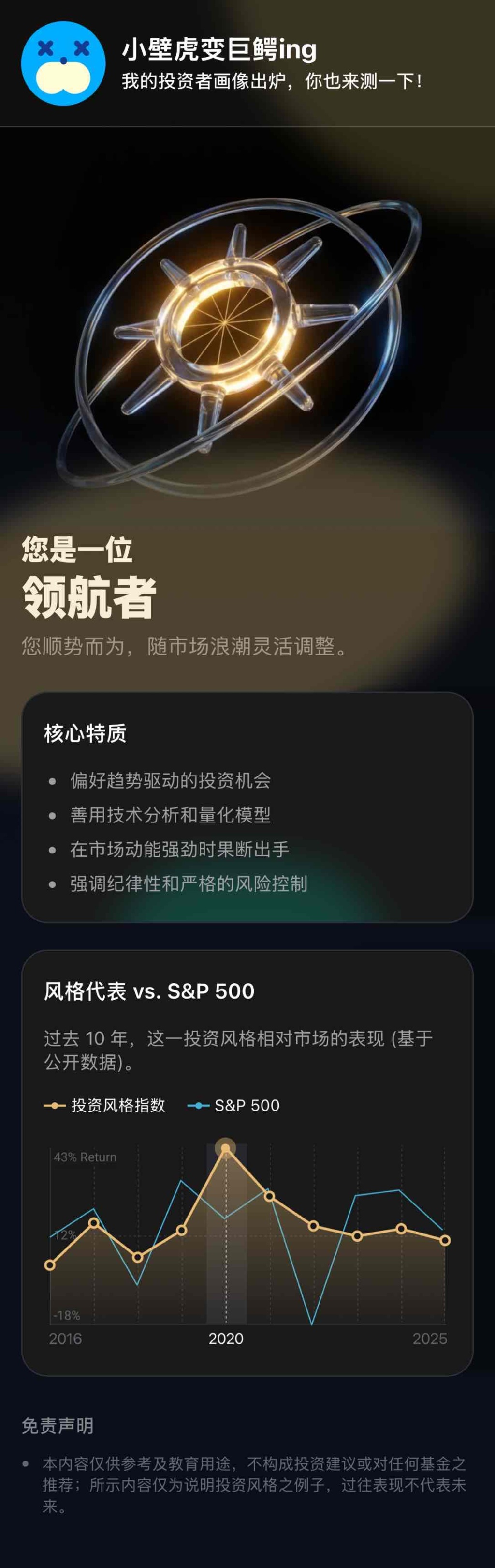 3 小壁虎变巨鳄ing 我的投资者画像出炉，你也来测一下! 您是一位 领航者 您顺势而为，随市场浪潮灵活调整。 核心特质 偏好趋势驱动的投资机会 善用技术分析和