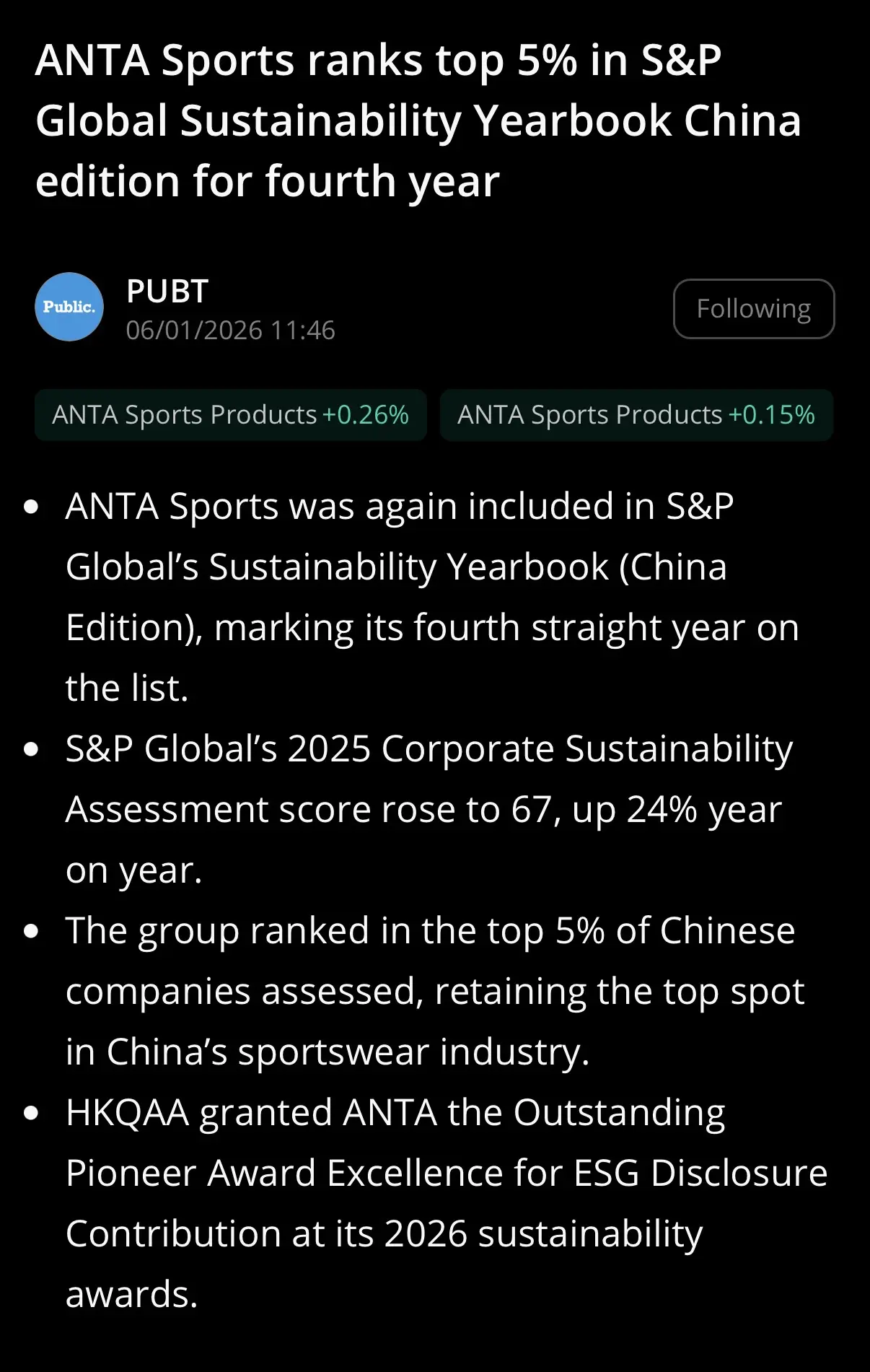 ANTA Sports ranks top 5% in S&P Global Sustainability Yearbook China edition for