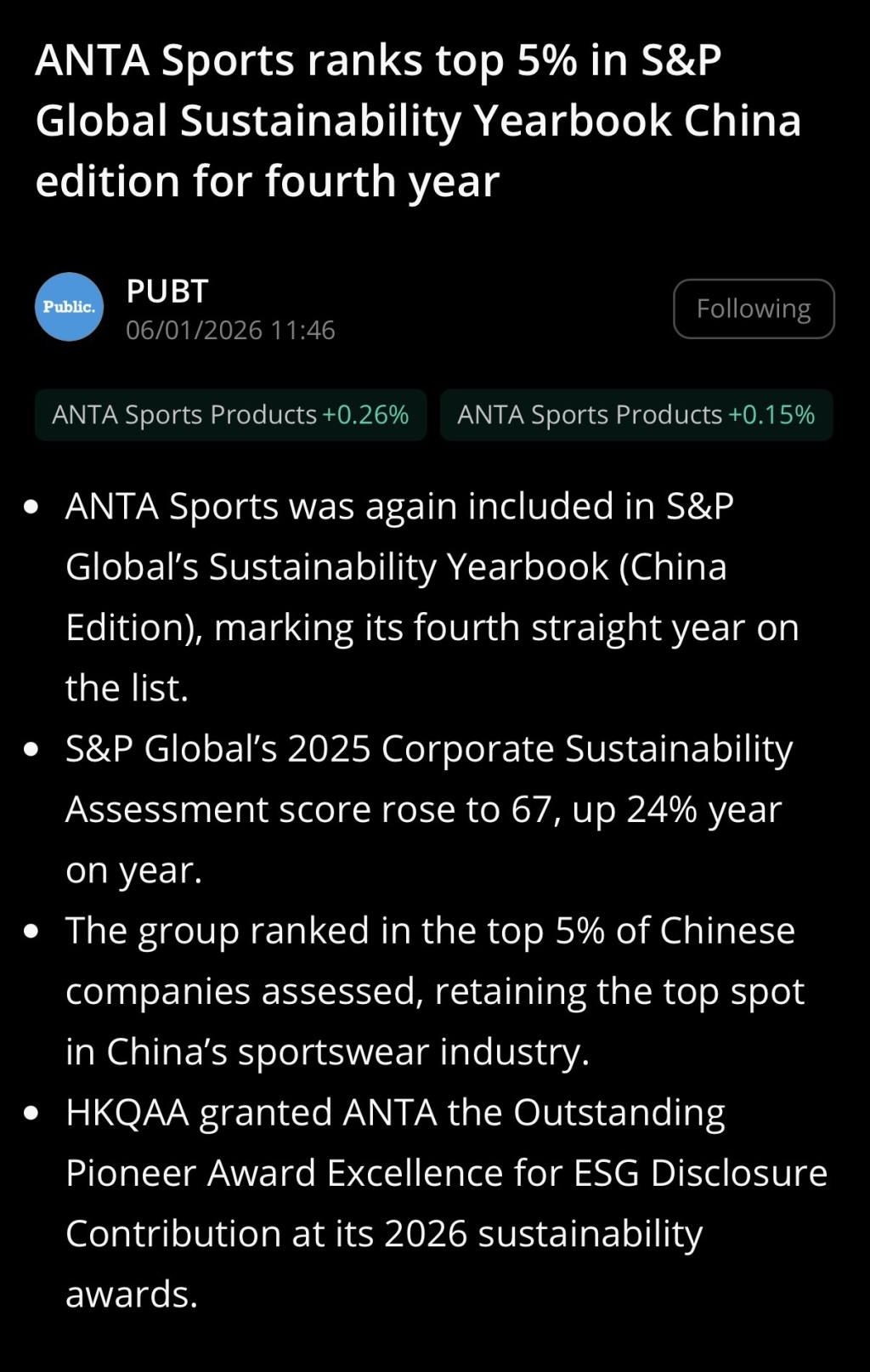 ANTA Sports ranks top 5% in S&P Global Sustainability Yearbook China edition for