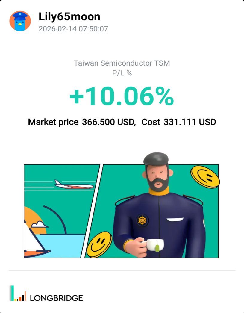Lily65moon 2026-02-1407：50：07 Taiwan Semiconductor TSM P/L% +10.06% Market price