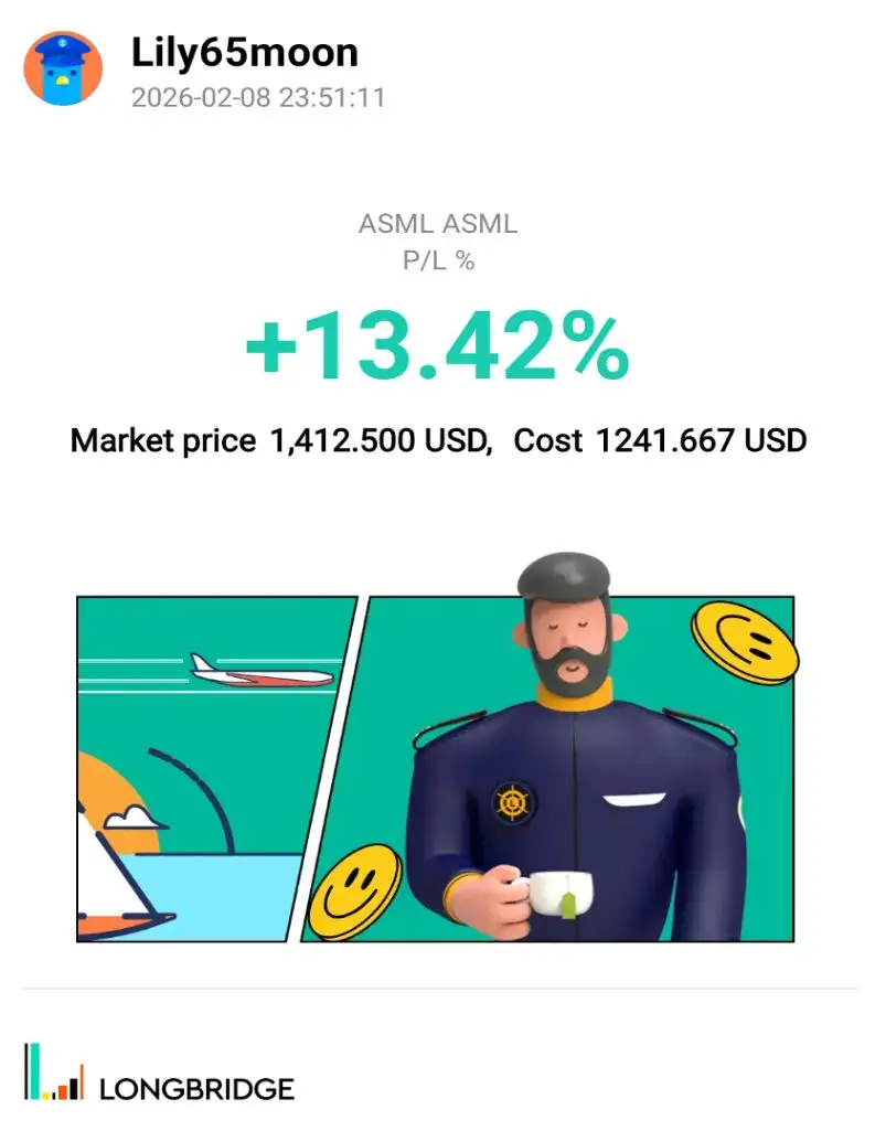 Lily65moon 2026-02-0823:51:11 ASML ASML P/L% +13.42% Market price 1,412.500 USD,