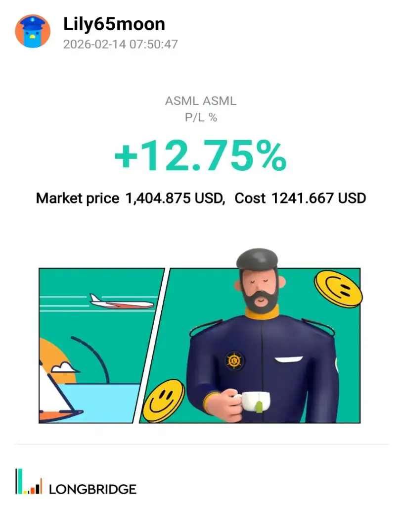 Lily65moon 2026-02-1407:50:47 ASML ASML P/L% +12.75% Market price 1,404.875 USD,