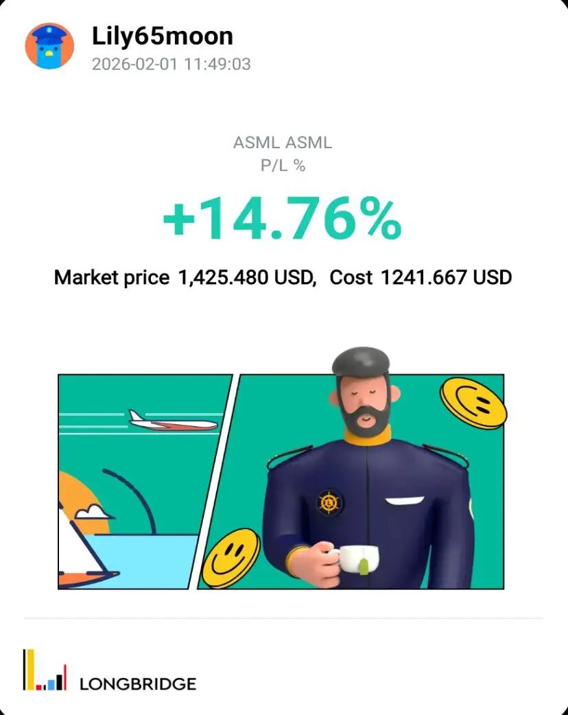 Lily65moon 2026-02-0111:49:03 ASML ASML P/L% +14.76% Market price 1,425.480 USD,