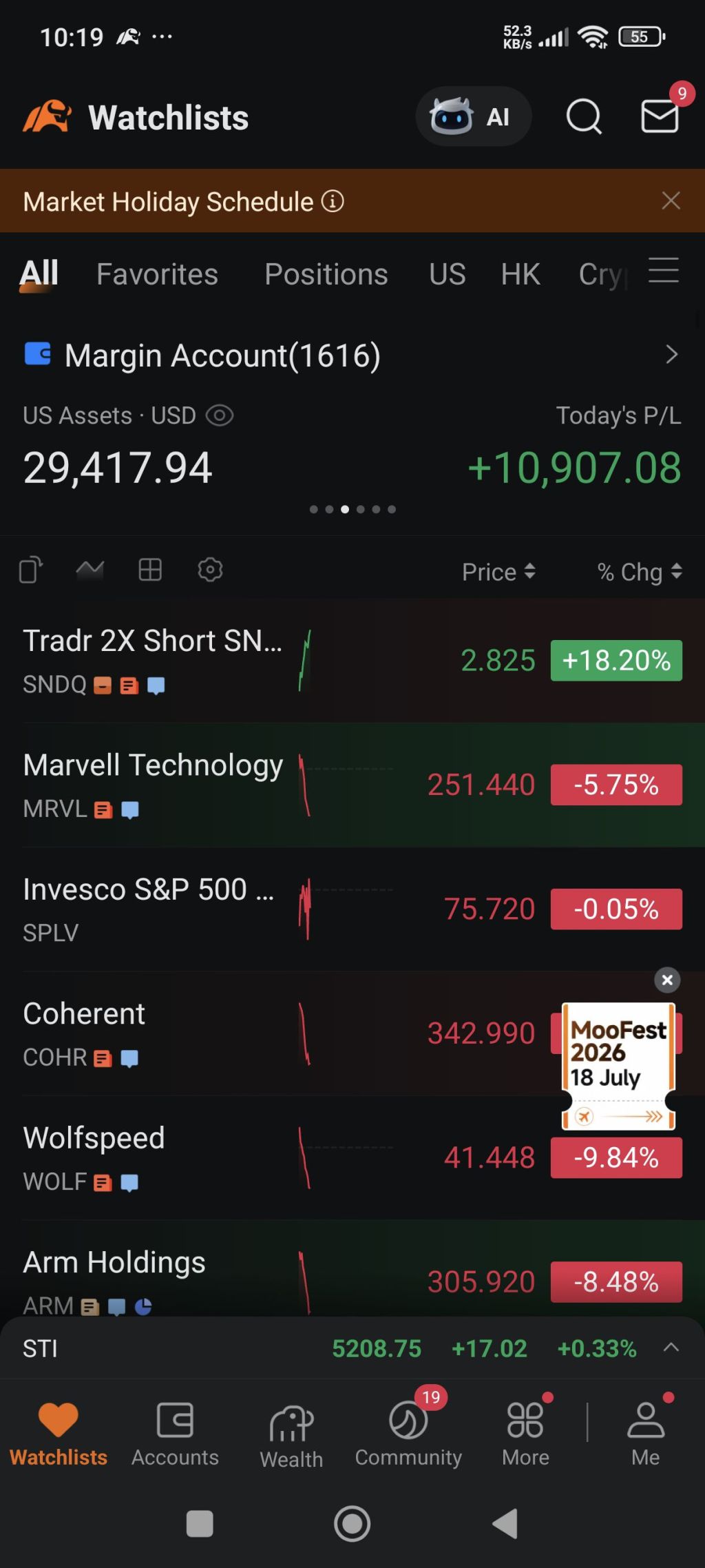 10：19皮… 52.3 KB/s l Il 55 9 Watchlists AI Market Holiday Schedule ④ × AII Favori