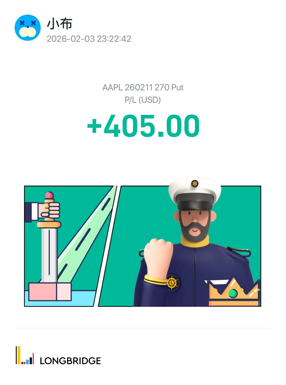 × 3 × 小布 2026-02-0323：22：42 AAPL260211 270 Put P/L(USD) +405.00 LONGBRIDGE