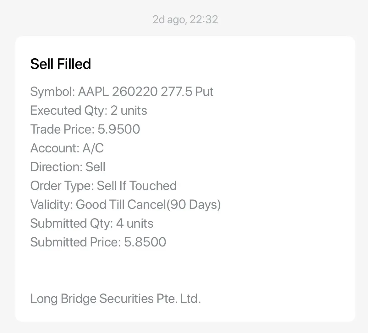 2d ago, 22:32 Sell Filled Symbol: AAPL 260220 277.5 Put Executed Qty: 2 units Tr