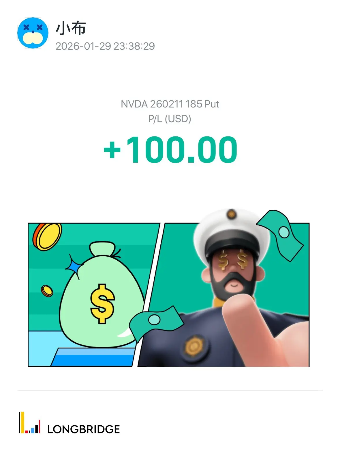 × 3 × 小布 2026-01-2923：38：29 NVDA 260211185 Put P/L(USD) +100.00 $ $ LONGBRIDGE