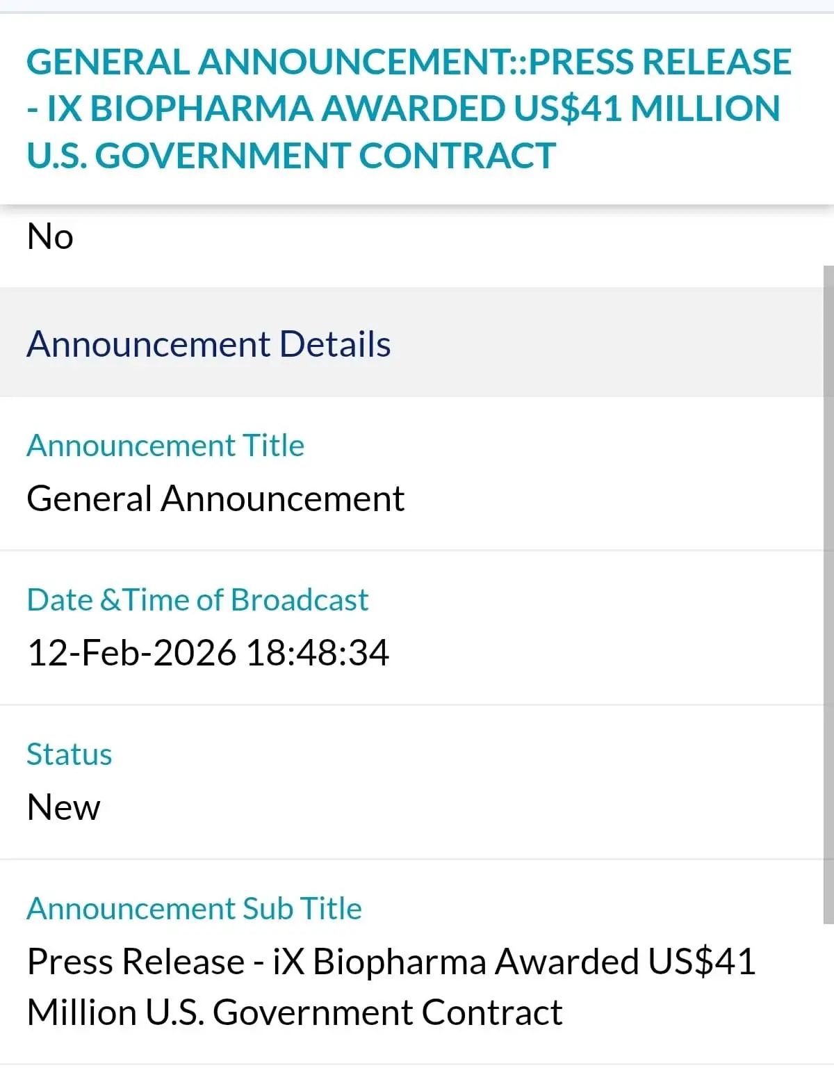 GENERALANNOUNCEMENT::PRESS RELEASE -IXBIOPHARMA AWARDED US$41 MILLION U.S.GOVERN