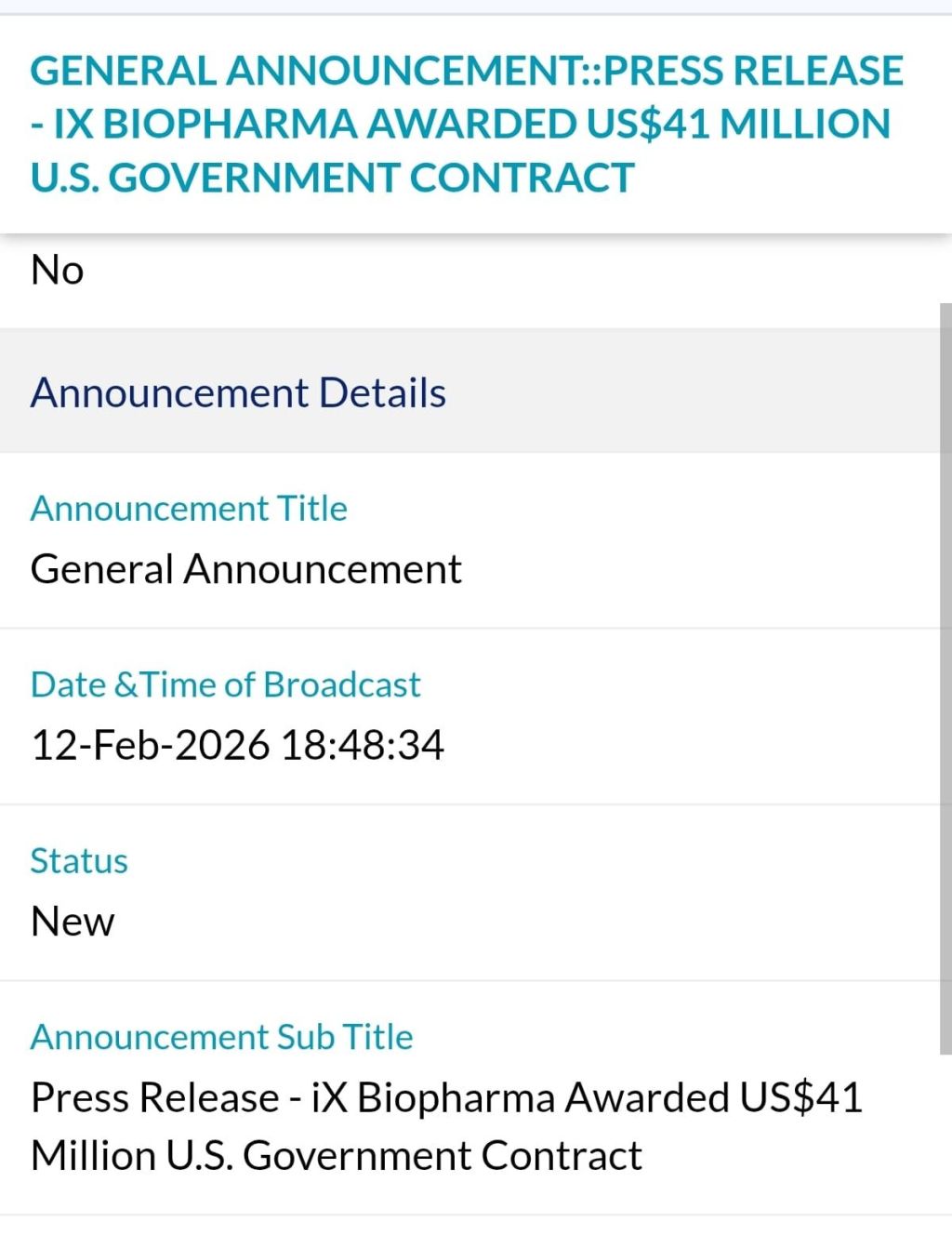 GENERALANNOUNCEMENT::PRESS RELEASE -IXBIOPHARMA AWARDED US$41 MILLION U.S.GOVERN