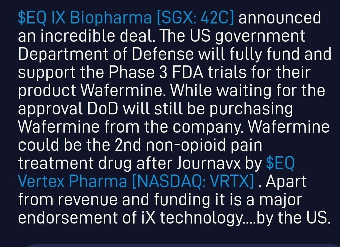 $EQ IX Biopharma a[ [SGX：42C]announced an incredible deal. The US government Dep