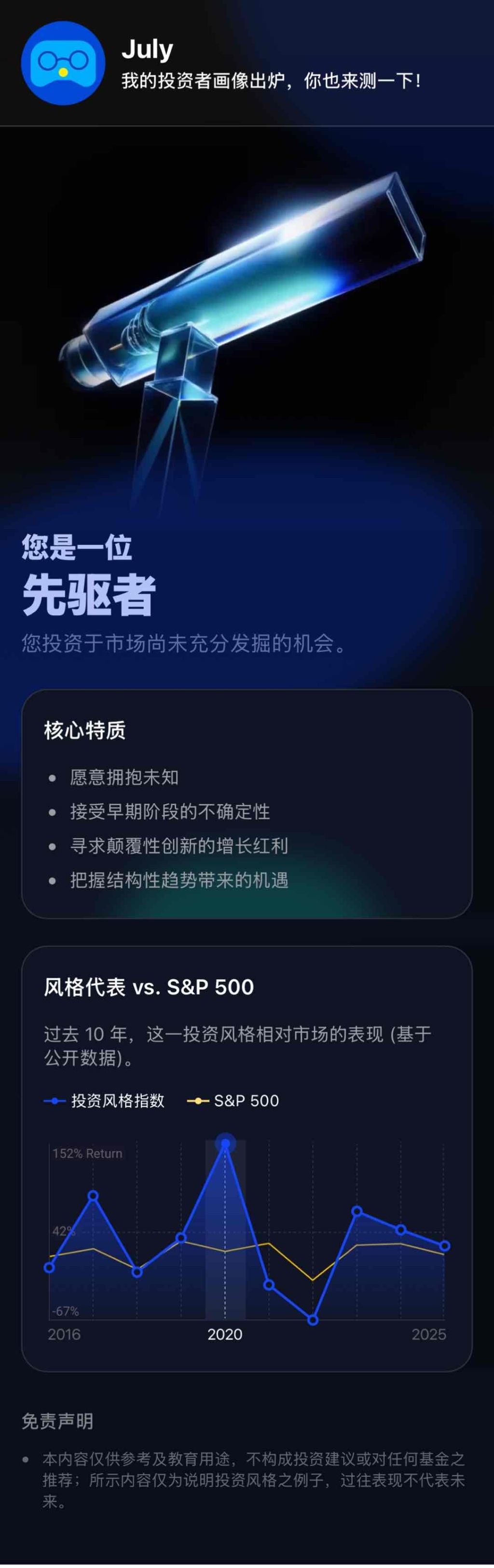July 我的投资者画像出炉，你也来测一下! 您是一位 先驱者 您投资于市场尚未充分发掘的机会。 核心特质 愿意拥抱未知 接受早期阶段的不确定性 寻求颠覆性创新
