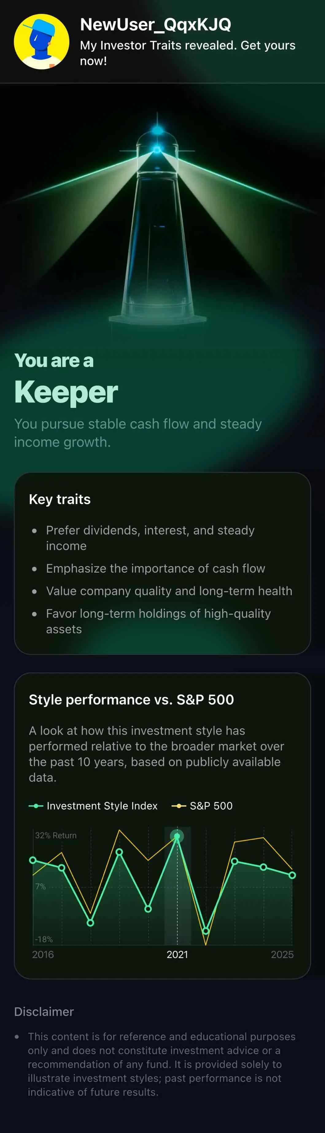 NewUser_QqxKJQ My Investor Traits revealed. Get yours now. You are a Keeper You 