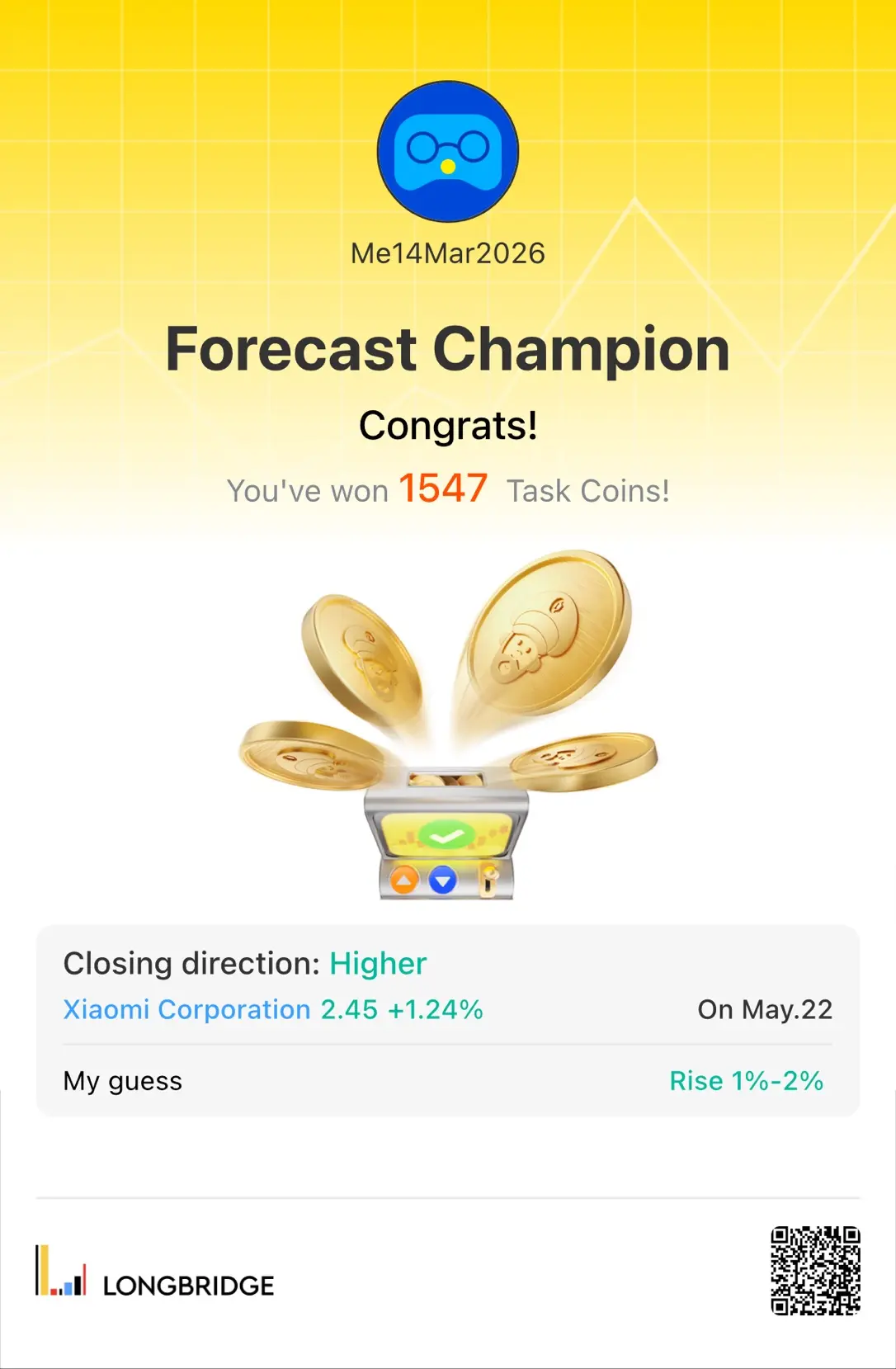 Me14Mar2026 Forecast Champion Congrats! You've won 1547 Task Coins! Closing dire