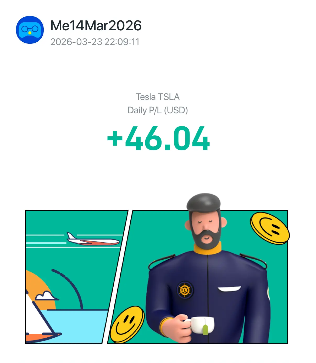 Me14Mar2026 2026-03-2322:09:11 Tesla TSLA Daily P/L (USD) +46.04