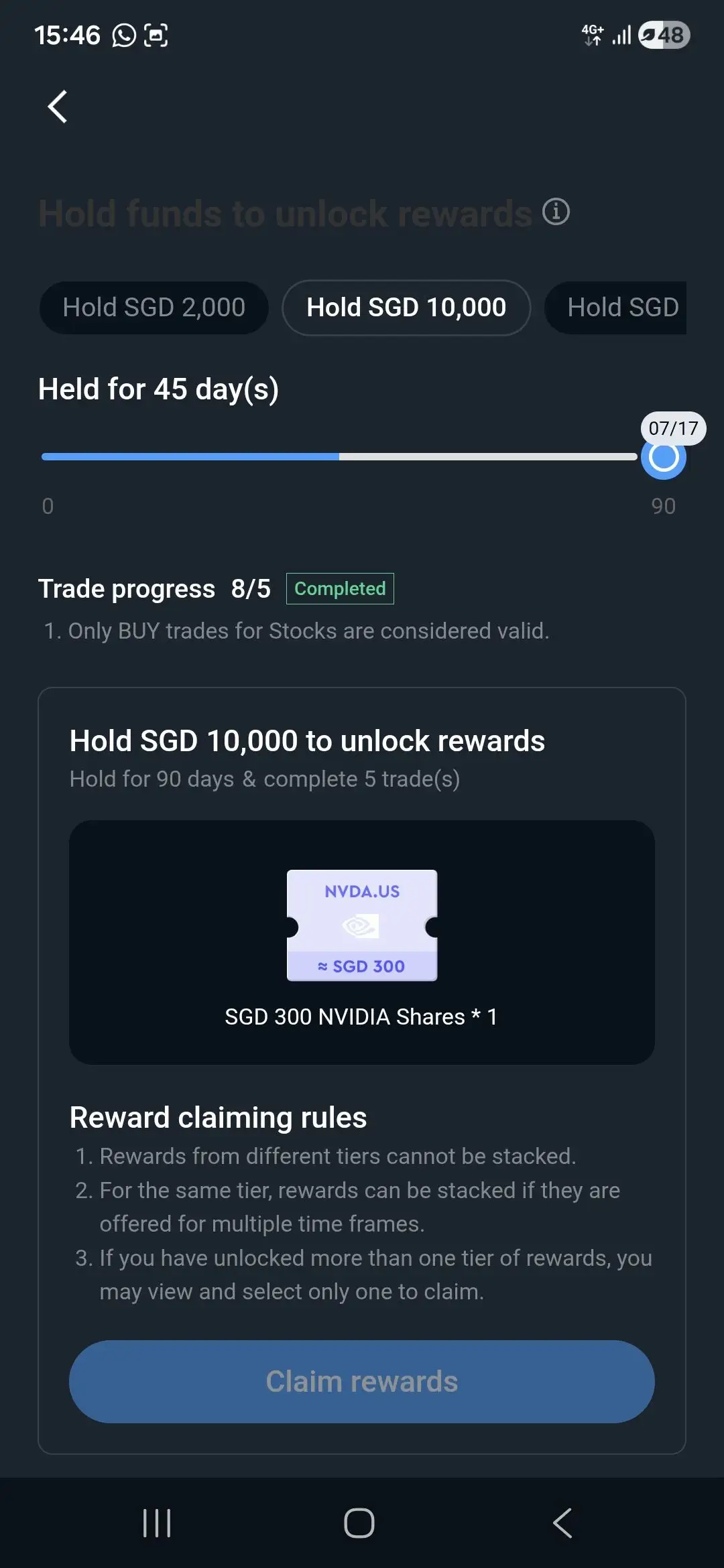 15：469口 4G+ .ill il 948 J个 < Hold funds to unlock rewards ① Hold SGD 2，000 Hold 
