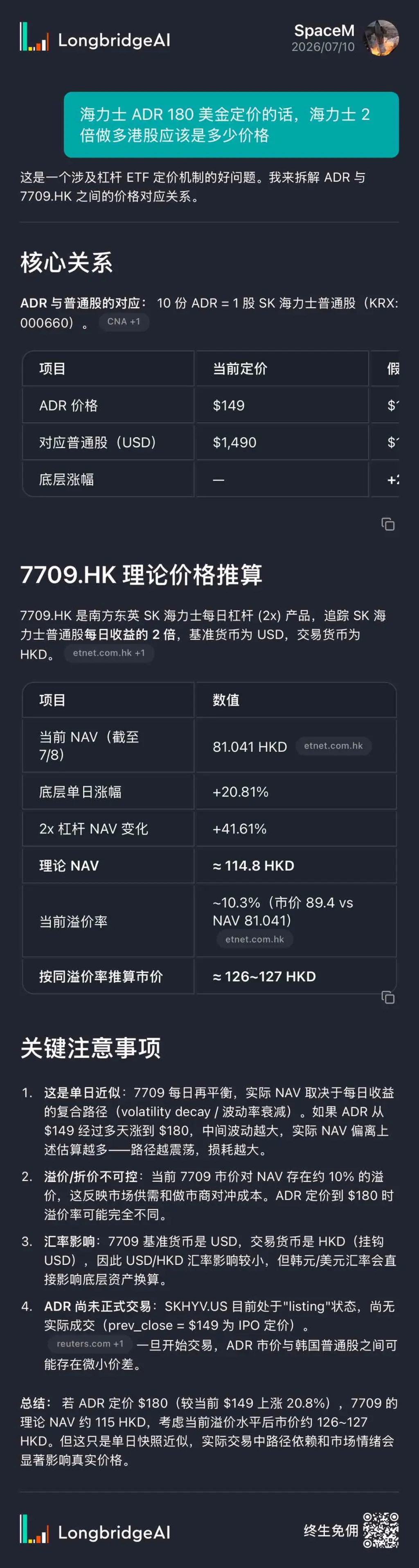 LongbridgeAI SpaceM 2026/07/10 海力士ADR180美金定价的话，海力士2 倍做多港股应该是多少价格 这是一个涉及杠杆ETF定价机制