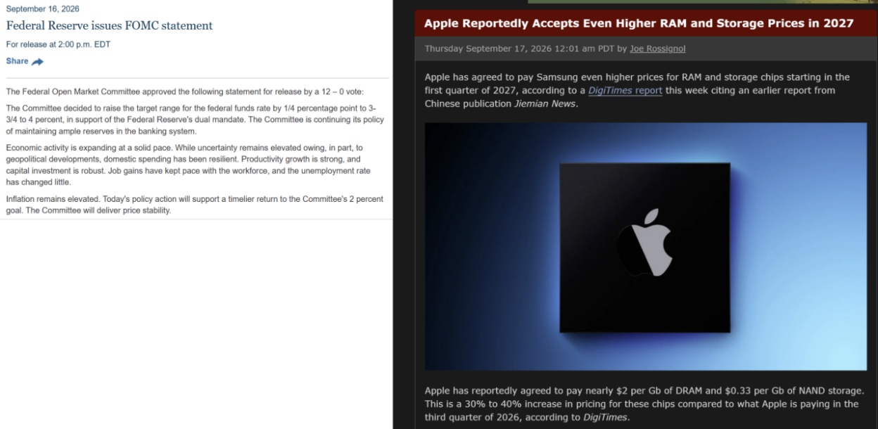 September 16，2026 Federal Reserve issues FOMC statement Apple Reportedly Accepts