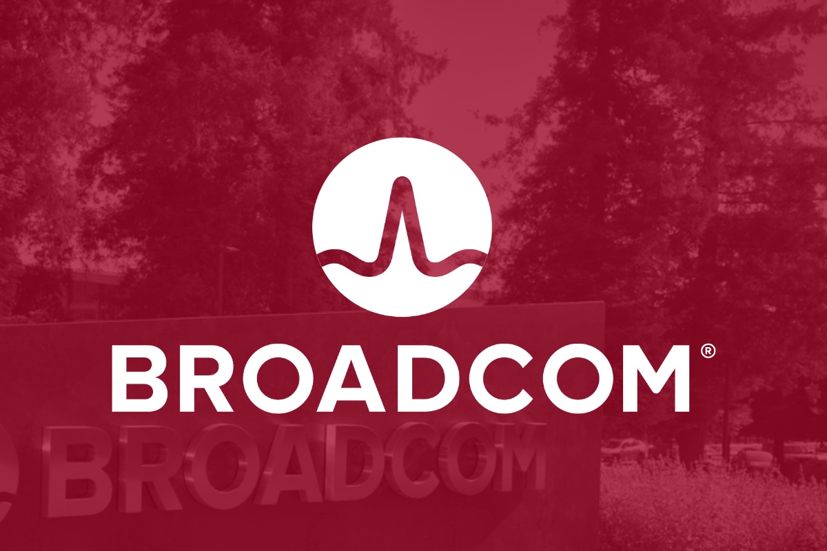Broadcom company name and logo superimposed on a red background with the company's signboard.