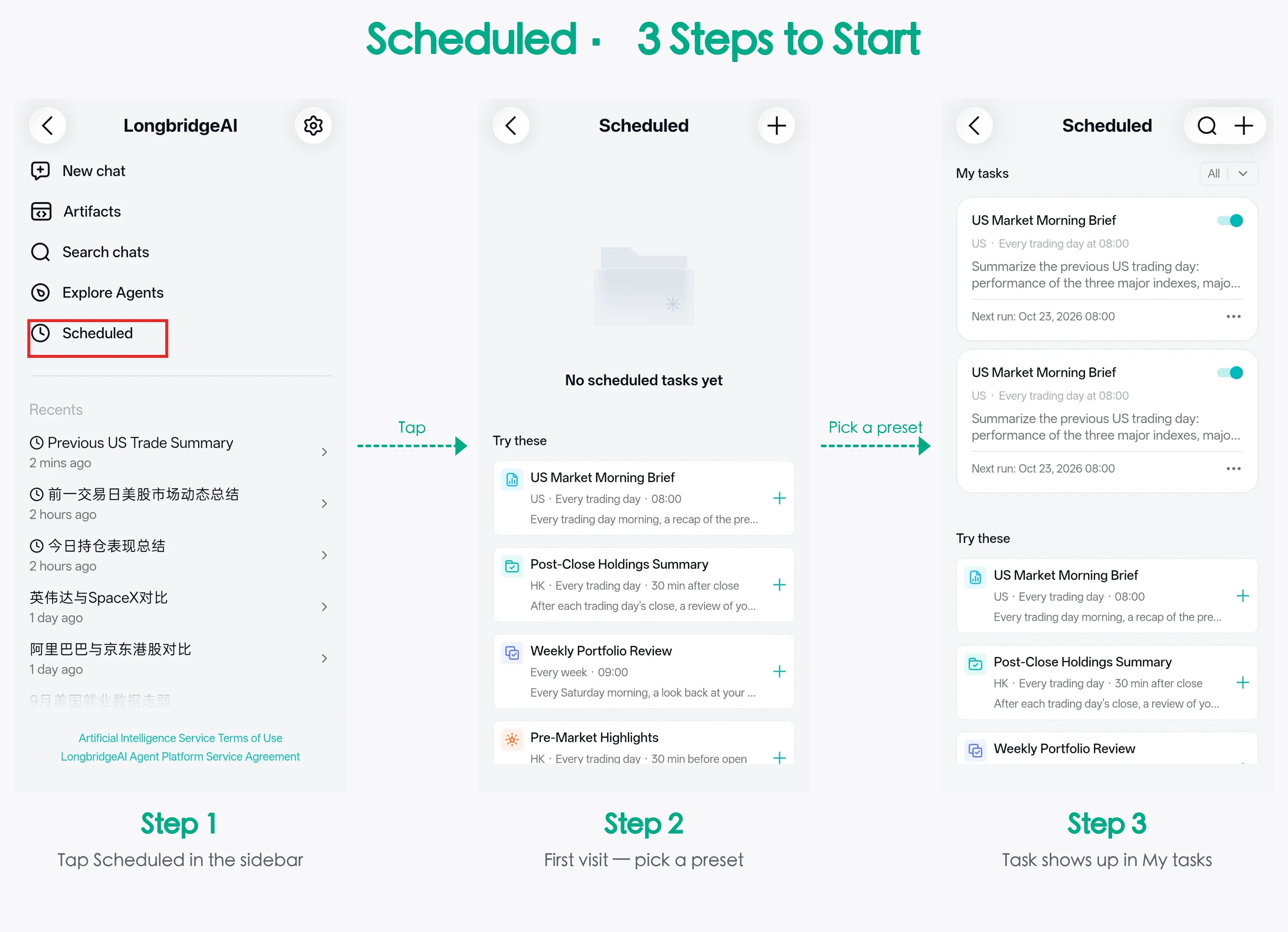 Scheduled·3 Steps to Start LongbridgeAI 伞 Scheduled 十 Scheduled Q+ [+ D New chat