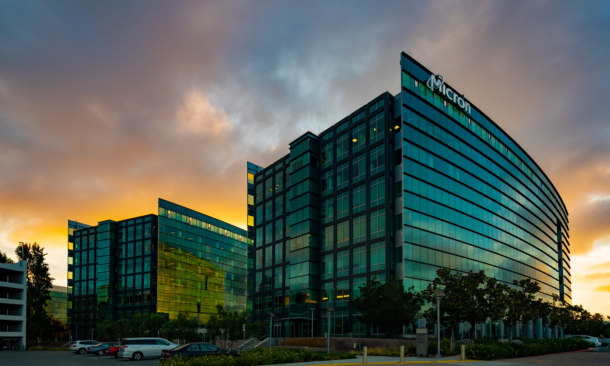 Micron building at night.